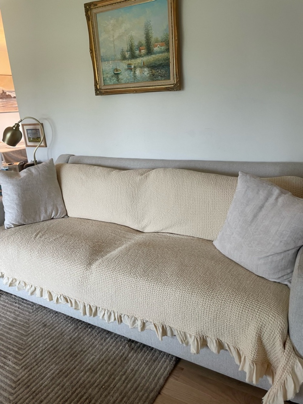 Cream Waffle Knit Throw with Ruffle Edge queen size - Picture 5 of 5